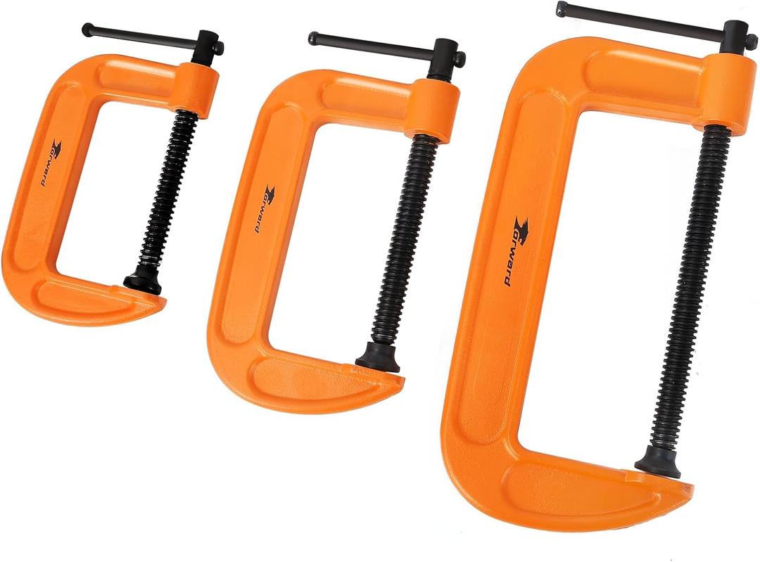 Forward C-Clamp 3 Piece Set 3in, 6in Heavy Duty Ductile Iron C Clamp Set Kit Jaw Opening Sliding T Bar Handle for DIY Carpentry Caliper Woodworking Welding Building(Orange) One Crank Bar Missing