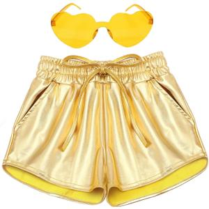 Girls Metallic Shorts Shiny Hot Pants for Dance Gymnastics Sparkly Shorts with Sunglasses (Medium, Gold)