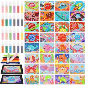 Tenceur 58 Pcs Kids' Sand Art Kits Color Sand Art Pictures Peel and Stick 12 Color Kit Painting Board Painting Tray Brush Bottles (Universe Starry Sky and Underwater World)