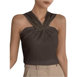 SweatyRocks Women's Twist Front Sleeveless Tank Top Wide Strap Slim Fitted Summer Tops (Large, Coffee Brown)