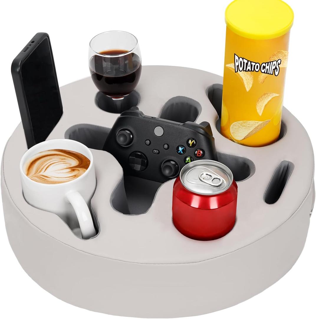 Couch Cup Holder Pillow- -Sofa Cup Holder | Couch Caddy Drinks Cupholder Tray for Bed, Rv, Tv, Car, Man Cave, Backseat for Remote, Snacks (PUGrey, 13.7 x 13.7 inch)