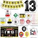 Kuxriox Happy 13th Birthday Decorations for Boys Girls, Bruh Ur A Teenager Birthday Banner, I'm 13 Bday Backdrop Balloons Cake Topper Party Supplies, Black Caution Themed Teenager 13 Years Old Sign