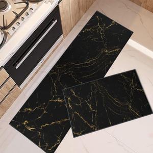 ArtSocket Kitchen Mats Non Skid Washable Set of 2, Marble Black Abstract Runner Rug, Marble Golden Gold Floor Under Sink Mat Throw Rug for Kitchen Doormat