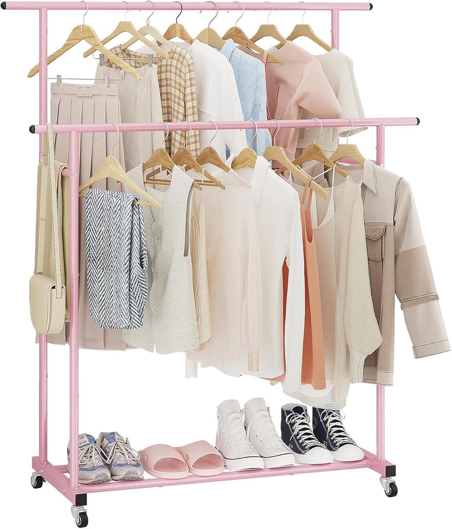 Calmootey Double Rod Clothing Garment Rack,Rolling Hanging Clothes Rack,Portable Clothes Organizer for Bedroom,Living Room,Clothing Store,Pink