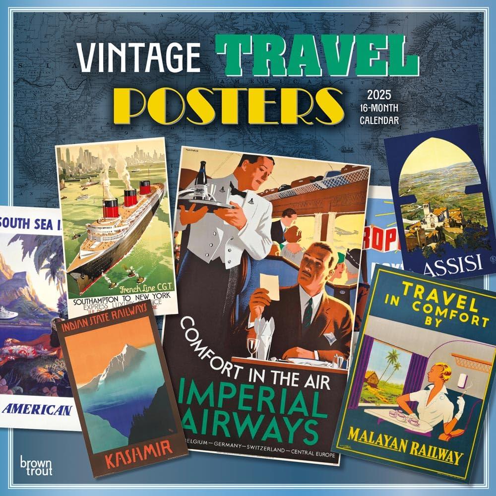Vintage Travel Posters | 2025 12 x 24 Inch Monthly Square Wall Calendar | Plastic-Free | BrownTrout | Art Railways Illustrations