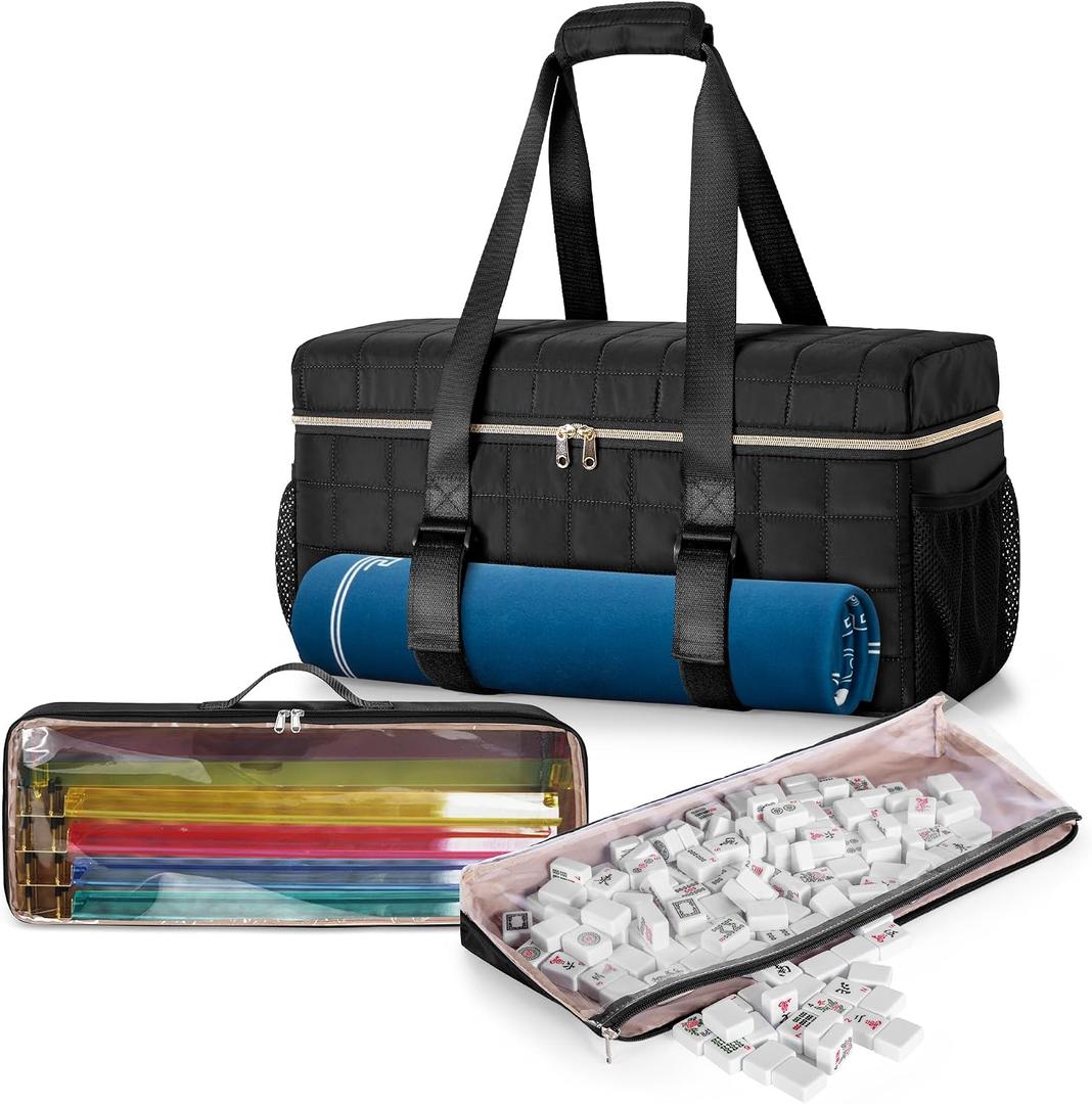 Teamoy 3 Pcs Empty Mahjong Bag, American Mahjong Set Bag with Tiles Bag and Racks & Pushers Bag, Mahjong Tile Set Bag with Game Mat Magic Tape, Black