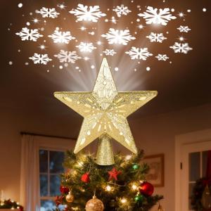 Christmas Star Tree Topper with Built-in Led Snowflake Projector Lights Hollowed Pentagram Tree Topper,Plug in Christmas Tree Ornament for Indoor Office Xmas New Year Holiday Tree Decoration