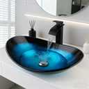 Blue Vessel Sink Oval Glass Vessel Sink with Waterfall Faucet and Pop-Up Drain Boat Shape Bathroom Sink Above Counter,Artistic Tempered Glass Vessels Sinks Bowl, 22.4"L x 12.4"W x 6.6"H