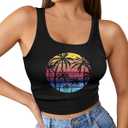 Flafens Crop Tops for Women Summer Tank Tops - Cute Ribbed U Neck Graphic Sleeveless T Shirts Yoga Gym Short Tanktops (Black, L)