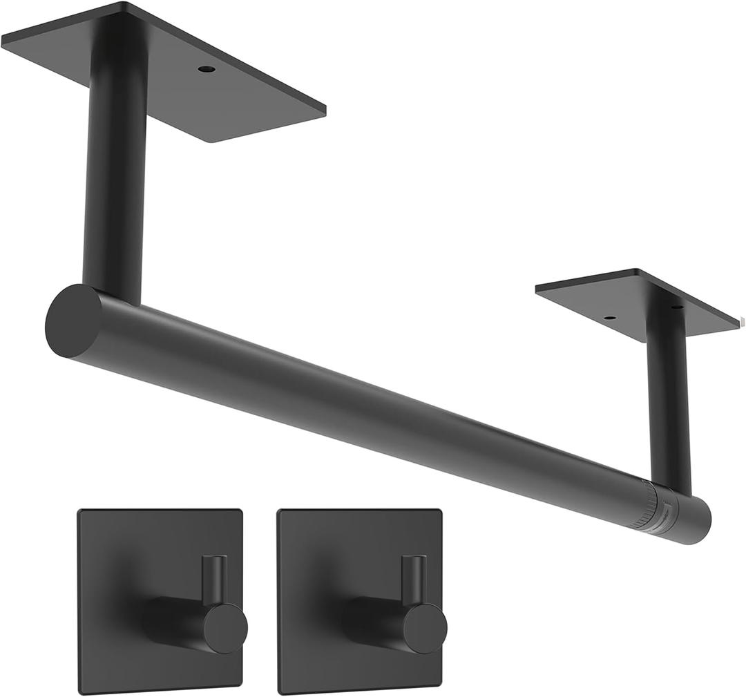Paper Towel Holder Under Cabinet, Self Adhesive or Wall Mounted SUS304 Stainless Steel Paper Towel Holder for Kitchen, Bathroom(2 Towel Hooks, Matte Black) (Holder+2 Hooks, Matte Black)