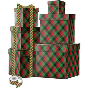 ysmile Christmas Nesting Box with Lids Square, Assorted Size Xmas Stacking Gift Box for Present Holiday Decoration 6 Pcs (Christmas Red Green)