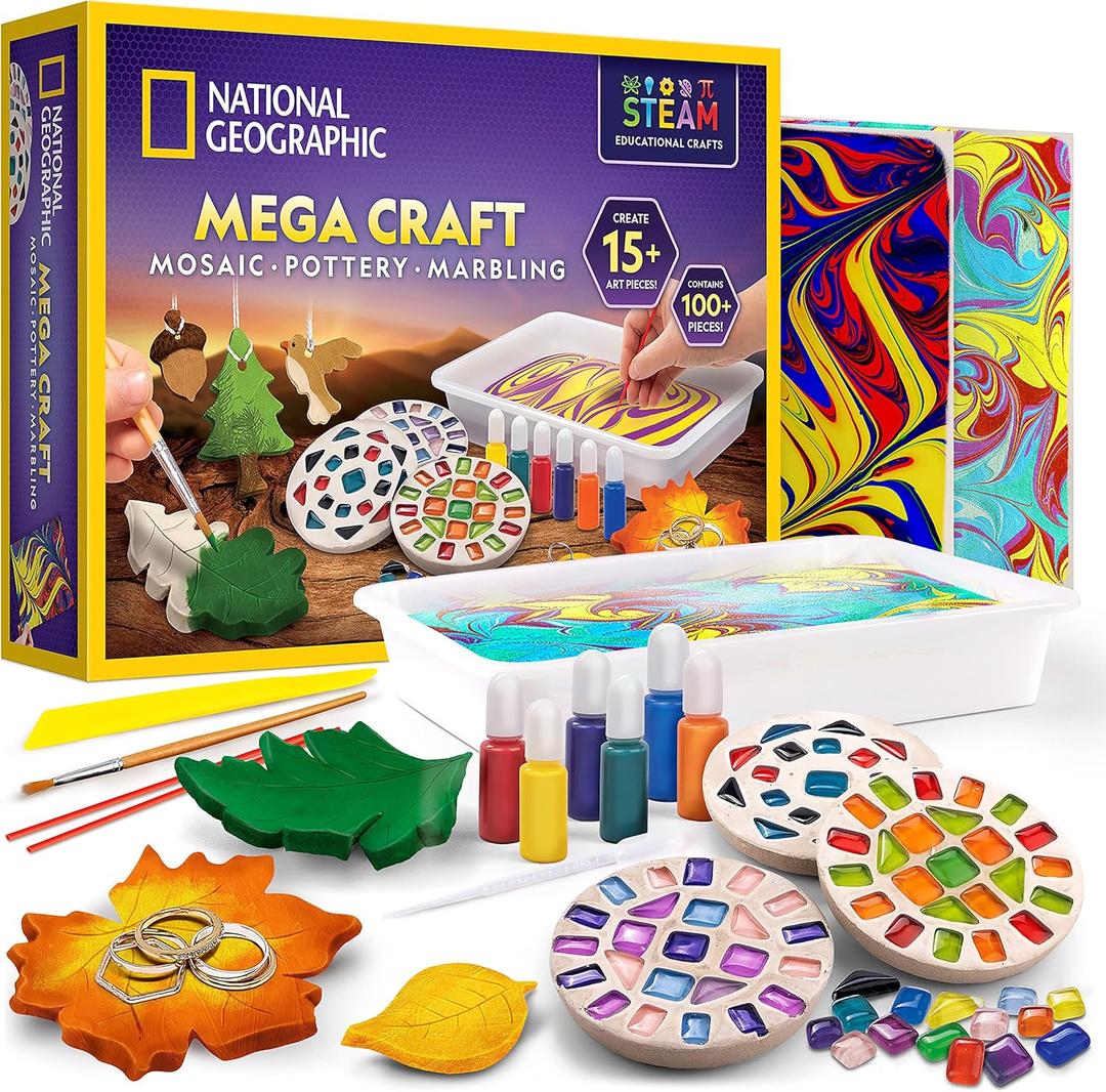 National Geographic Mega Arts and Crafts Kit for Kids Mosaic Kit, Marbling Paint Kit & Air Dry Clay Pottery Kit Art Projects for Kids Ages 8-12, Crafts for Girls and Boys