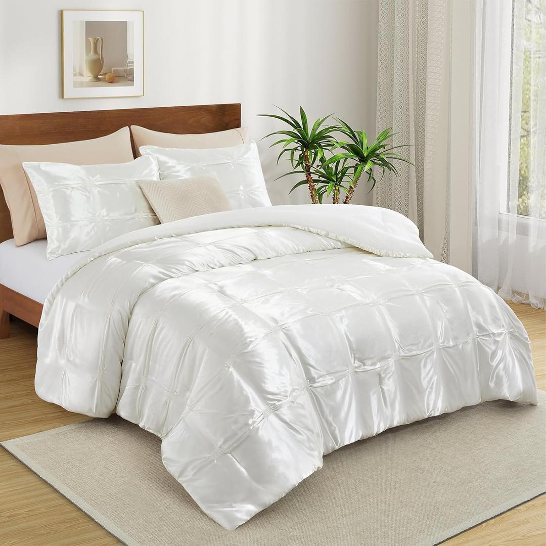 Lanest Housing Twin Size Satin Comforter Set Ivory White, 2 Pieces Soft and Lightweight Silk Bedding, All Season Fluffy Down Alternative Comforter Bed Set