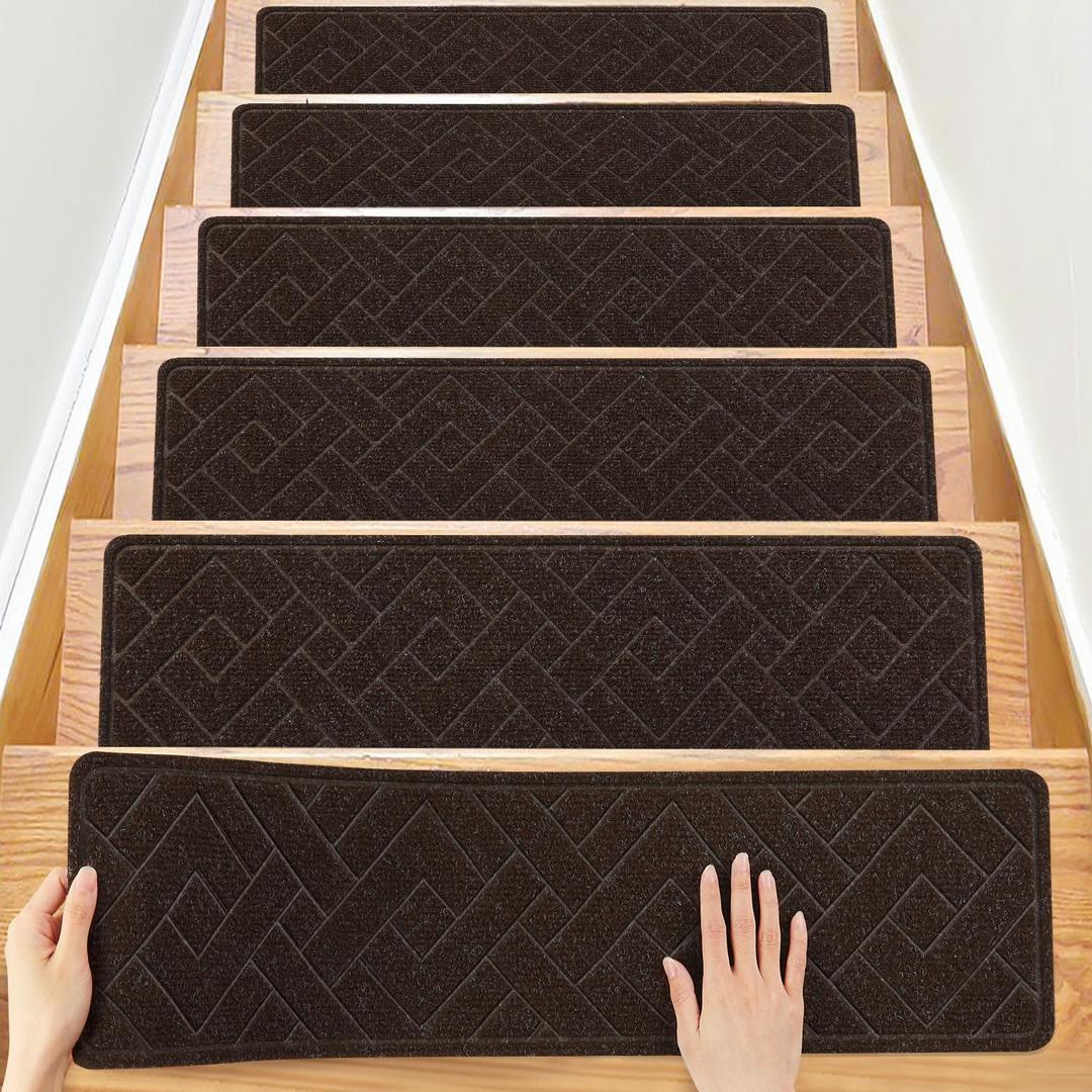 Stair Treads for Wooden Steps,15 Pack 8" X 30" Stairs Carpet Treads Non Slip Indoor with Reusable Peel and Stick Adhesive for Kids Elders and Pets,Polyester TPR Backing (Brown-new)