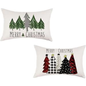 ONWAY Christmas Pillow Covers 12x20 Inch Set of 2 Trees Red Black Green Buffalo Plaid Decorative Lumbar Pillowcases Winter Holiday Cushion Cases for Christmas Decorations (Beige)