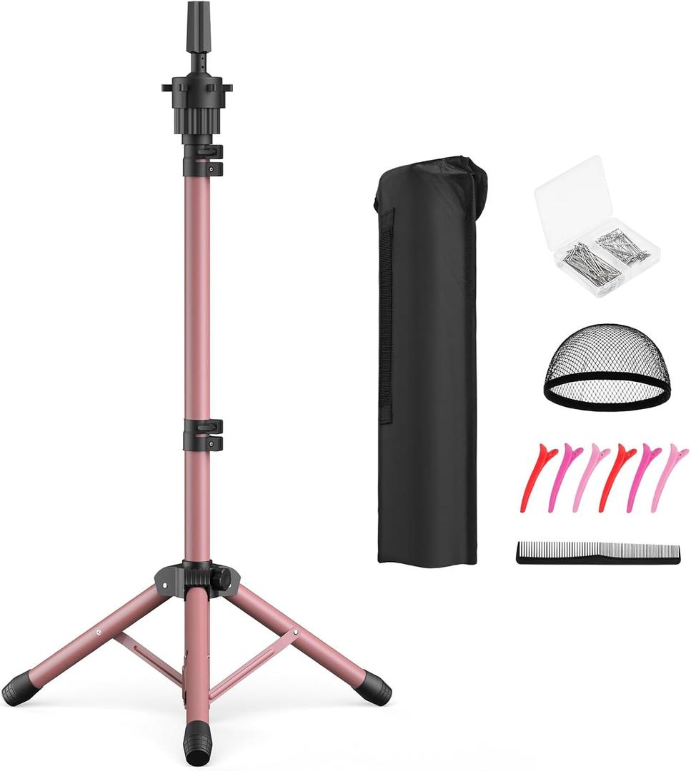 Wig Head Stand 50 Inches, Height Adjustable Tripod Wig Stand, Salon Mannequin Head Stand with Anti-Slip Base for Styling, Display Barber Training, Beauty School (Pink)