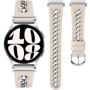 Minyee Leather Band Compatible with Samsung Galaxy Watch 7/6/5/4/FE/Active 2 40mm 44mm/Watch 6 Classic 43/47mm/Watch 5 Pro 45mm Bands, 20mm Dressy Leather Strap with Stainless Steel Metal Chain Women (Starlight/Silver)