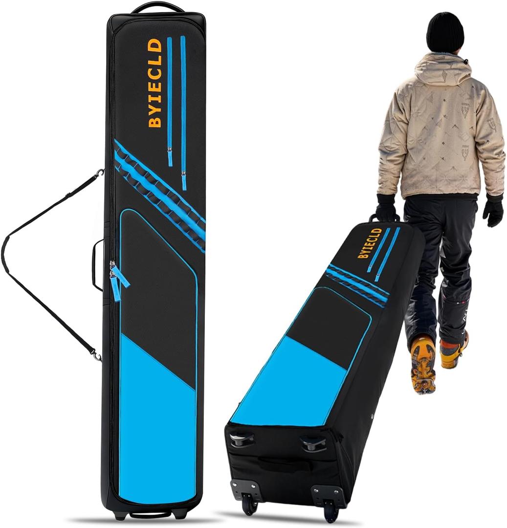 Snowboard Bag with Wheels, Up to 195CM Padded Waterproof Ski Bags for Air Travel Flying, Skis Travel Bags for Snowboard, Double Skis, Boots, Helmet, Ski Gear, Includes 2 Boot Bags (Blue)