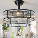 Black Fandelier Ceiling Fans with Lights, 20" Black Crystal Chandelier Ceiling Fan with Light Remote Control, Caged Mid Century with 6 Speeds for Bedroom, Living Room, Nursery