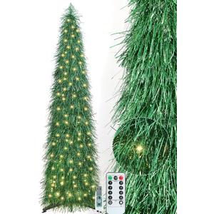 6 FT Shaggy Pop Up Christmas Tree with 100 Timer Lights and Remote, Green Collapsible Artificial Tinsel Christmas Pencil Tree for Home Apartment Office Holiday Party Decor, Easy Assembly