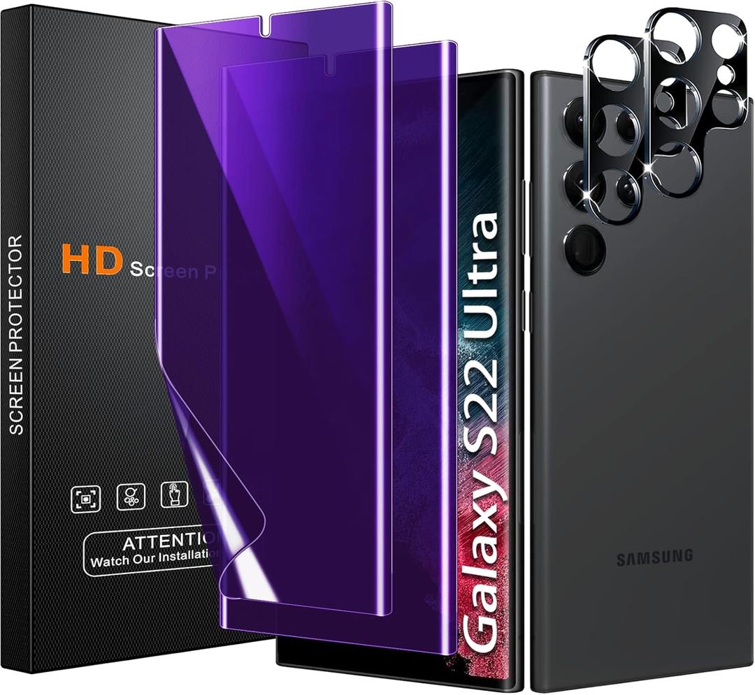 [2+2 Pack] Lesakit Anti-Blue Light Privacy Screen Protector for Samsung Galaxy S22 Ultra 6.8 inch with 2 Pack Camera Lens Protector, [Support Fingerprint ID] Anti Spy TPU Flexible Screen Protector-