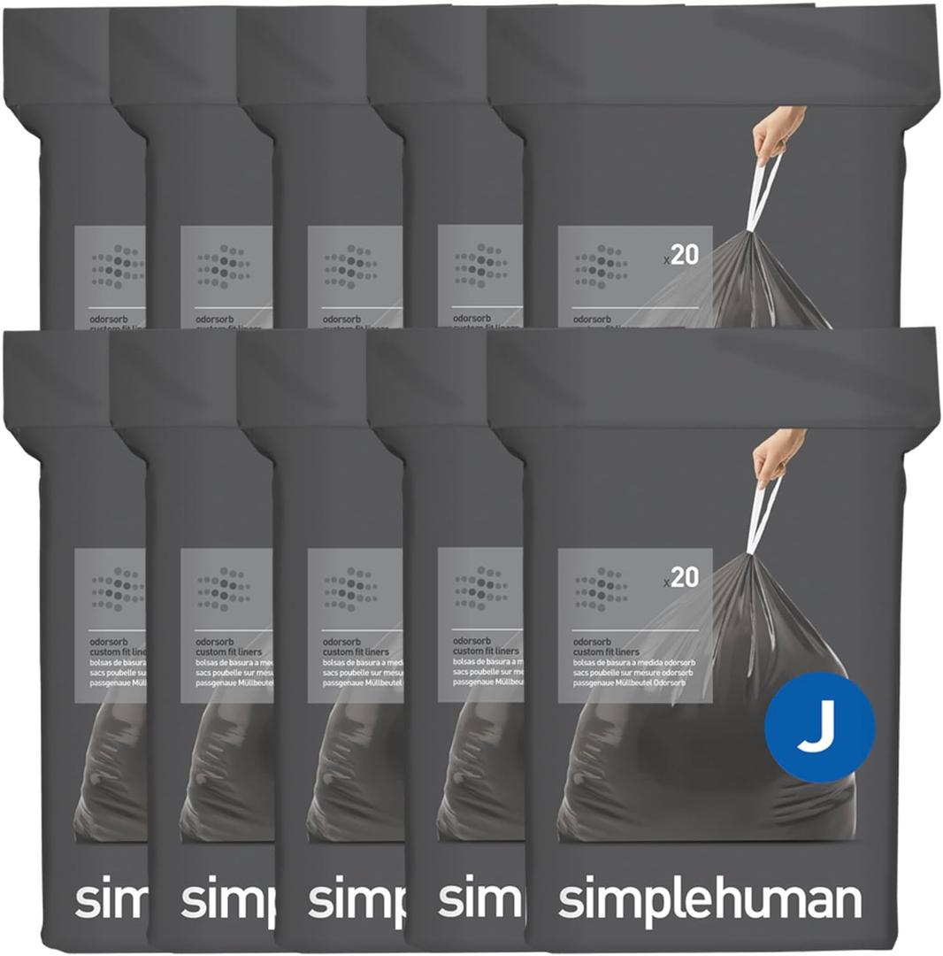 simplehuman Code J 200 Count Odorsorb Custom Fit Liners, Drawstring Odor Absorbing Trash Bags, One-by-One Mess-Free Dispense, Extra Thick & Double Seamed, 50% PCR Plastic, 38-45 Liter / 10-12 Gallon