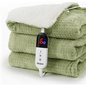 blunique Heated Blanket Electric Blanket Twin Waffle, 62x84 Inches Sherpa Fleece Fast Heating Blanket 6 Heating Levels & 10 Hours Auto Off ETL Certification, Sage Twin