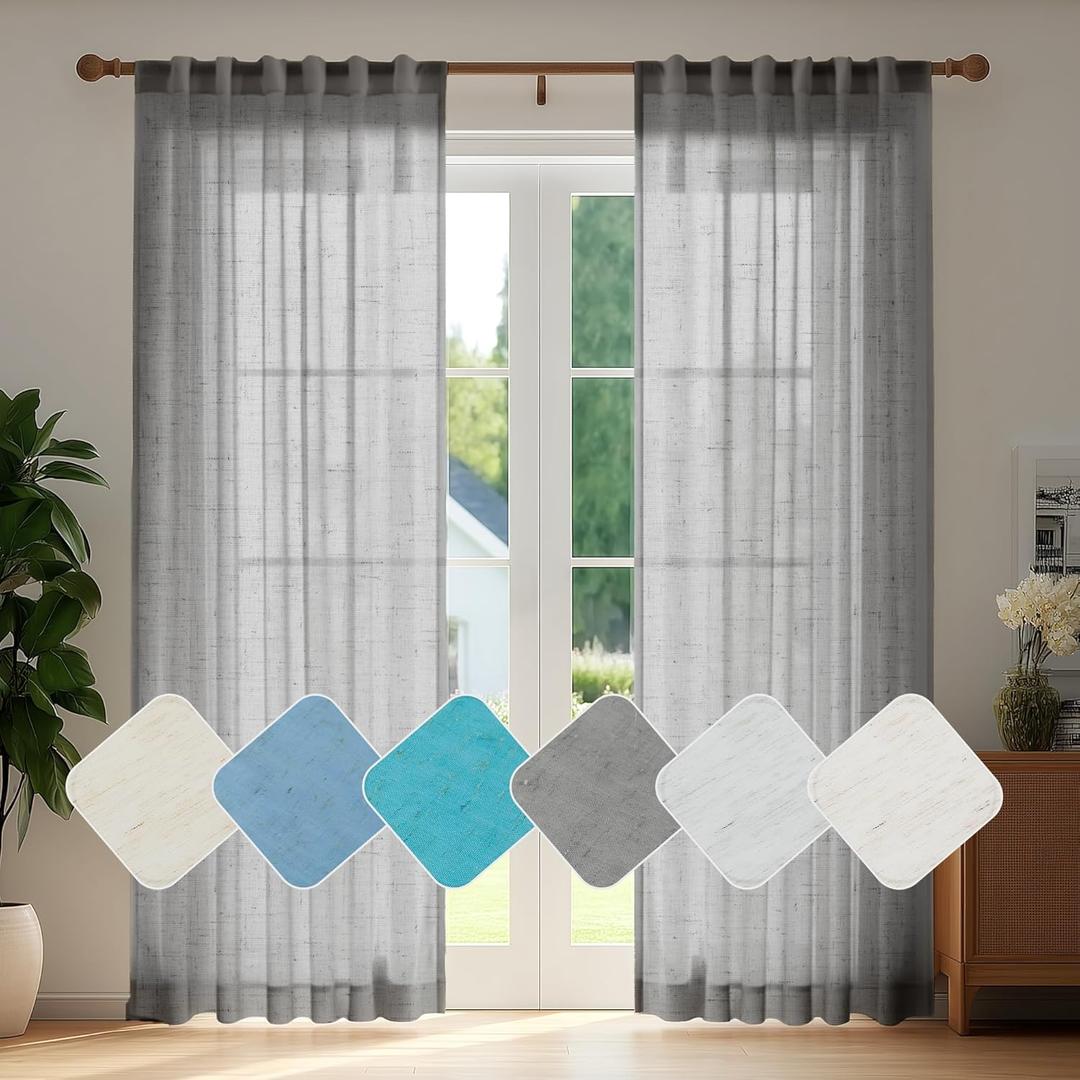 Deconovo Faux Linen Semi Sheer Curtains, 52x72 Inch Length, Set of 2 Back Tab Panels, Light Filtering Voile Window Treatment, Airy Privacy Farmhouse Drapes for Living Room Bedroom Office, Dark Grey