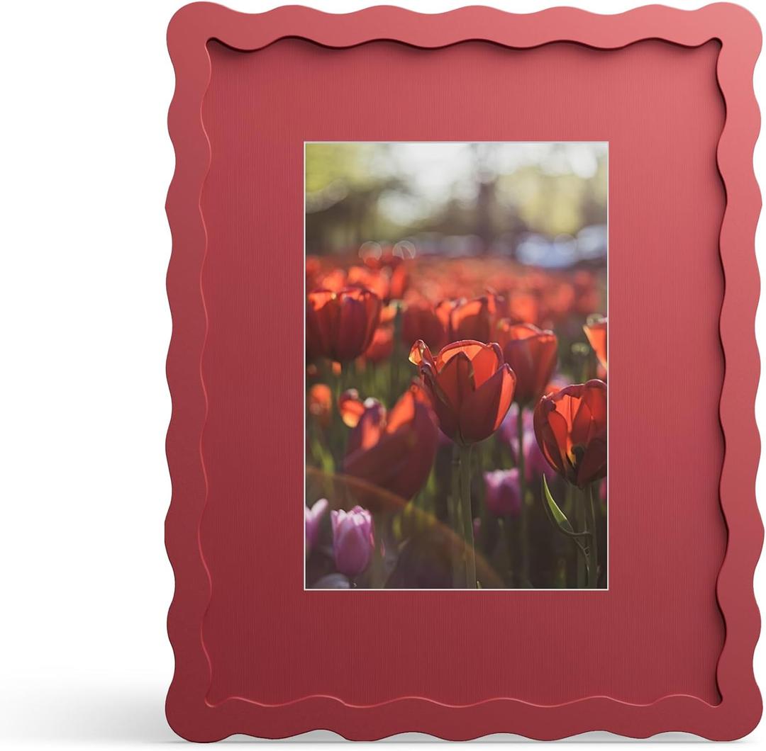 8x10 Picture Frame with Mat for 5x7, Wavy Edge Wooden Real Glass Photo Frame for Tabletop and Wall Hanging, Red, 1 Pack