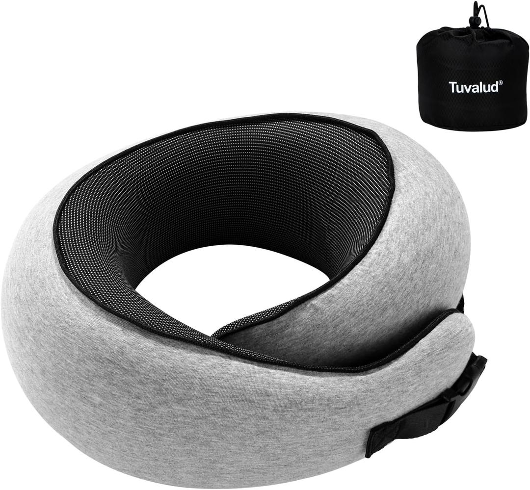 Travel Neck Pillow,360 Surround Support, Memory Foam Travel Pillow with Adjustable Buckle for Airplanes, Cars & Office Naps (Light Gray)