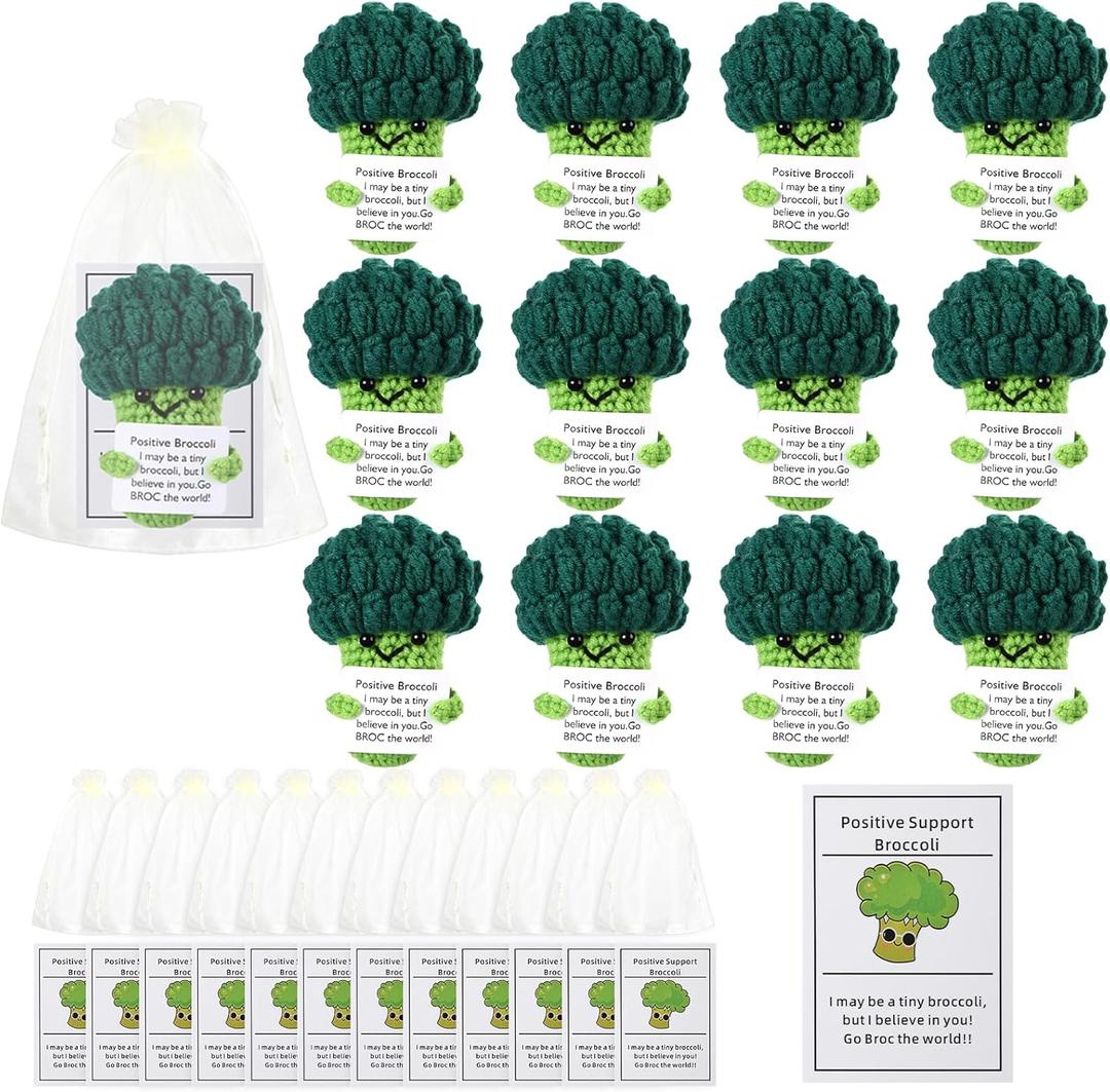 Shappy 12 Set Positive Broccoli Crochet Emotional Support Back to School Pickle Gift Cute Knitted Broccoli Doll Toy with Encourage Card Inspirational Gifts for Birthday Party Student Teacher Staff