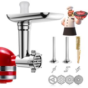 Metal Food Grinder Attachments for KitchenAid Stand Mixers, Meat Grinder, Sausage Stuffer, Perfect Mixer Attachment for KitchenAid Mixers, 15pcs Meat Grinder Accessories Set, Silver (Aluminium + Stainless Steel)