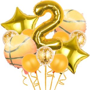12 Pcs Basketball Theme Balloons, Decorations Gold Confetti Balloon Foil Star For Sports 2nd Birthday Party Supplies Number 2 Decoration