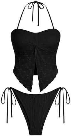 ZAFUL Floral Twist Bikini Set for Women Halter Tankini Tie Side String Swimsuit Two Piece Bathing Suit Large