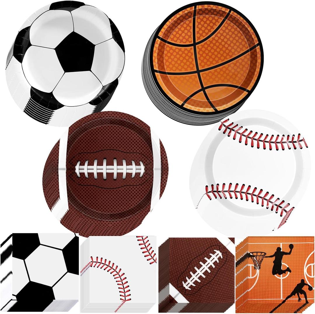 Sports Birthday Party Decorations 80Pcs Sports Party Plates and Napkins Baseball Football Soccer Basketball Rugby Disposable Paper Plates Napkins for Boy Birthday Party Decoration Supplies Favors