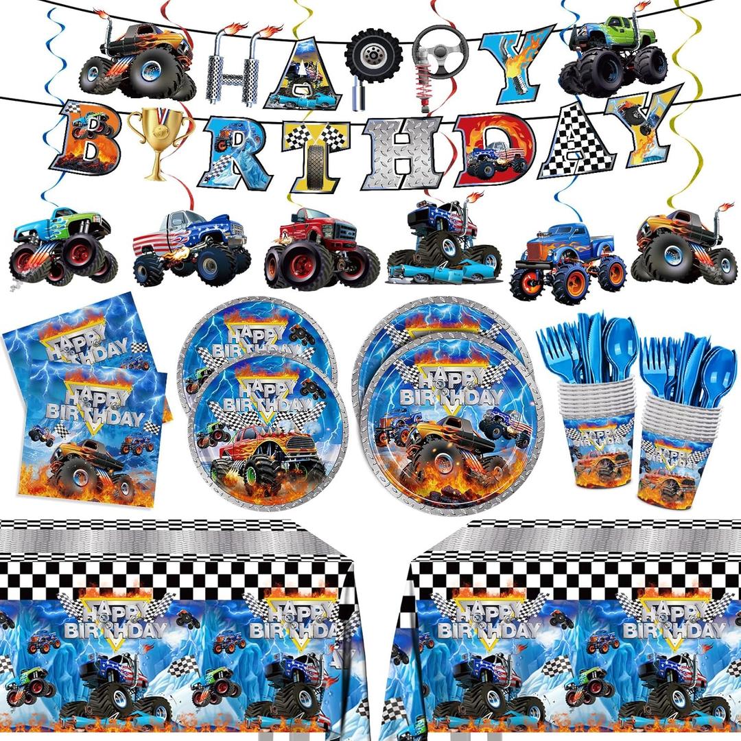 177pcs Monster Truck Birthday Decorations Plates Napkins Disposable Tableware Set Include Plates, Napkins, Cups, Cutlery, Banner, Hanging Swirls, Tablecloth for Monster Truck Party Supplies Serve 24