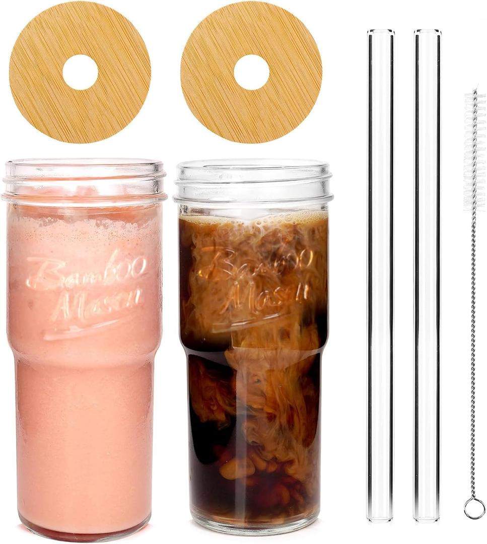 ANOTION Glass Cups with Lids and Straws 2 Packs, 24oz Travel Coffee Mug Wide Mouth Bamboo Mason Jar Iced Coffee Cup Smoothie Cup Glass Tumbler Tea Cup Clear Cute Water Cups Drinking Jars Glasses