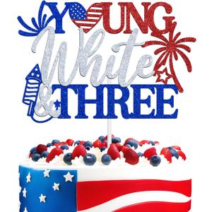 Young White & Three Cake Topper, 4th of July Theme 3 Years Old Cake Decor, Patriotic Independence Day/Memorial Day 3rd Birthday Anniversary Party Decorations Supplies