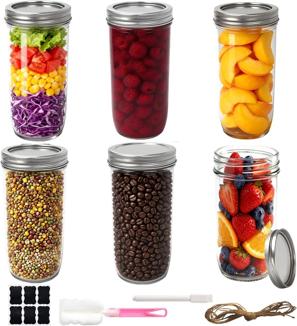 Mason Jars Wide Mouth 24 oz with Lids, Glass Jars with Airtight Lids and Band, Safe for Canning, Food Storage, Pickling, Overnight Oats Container, Pint and A Half Size (Pack of 6)