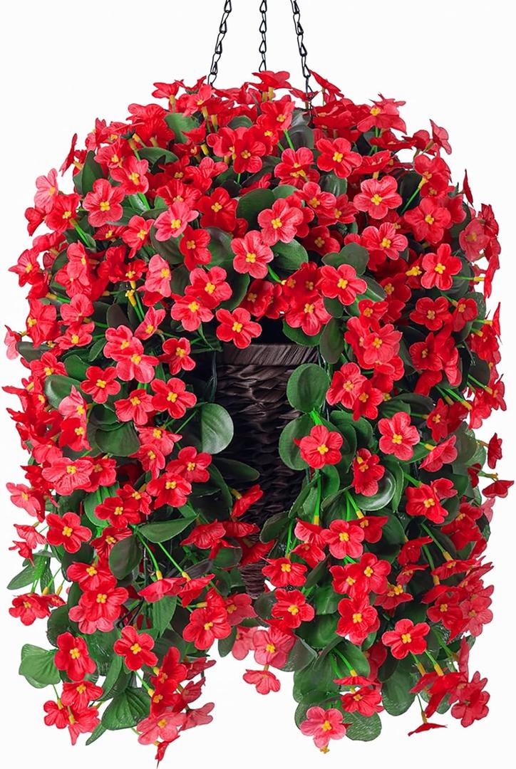 Artificial Hanging Flowers with Baskets, Fake Silk Hanging Basket Orchid Flowers Plants, Faux Flower Centerpieces for Home Decoration Indoor Outdoor Garden Patio Spring Summer Decor (Red)