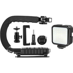 PULUZ U/C Shape Video Action Stabilizing Handle Grip Handheld Stabilizer Kit with Phone Clamp + LED Studio Light for Canon Sony Nikon Cameras and Home DV Camera Smartphones