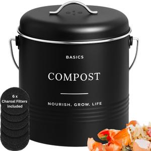 D'Lifeful Kitchen Compost Bin  1.3 Gallon Countertop Farmhouse Compost Container with Lid  Odorless Indoor Food Scrap Pail with 6 Charcoal Filters  Eco-Conscious and Easy to Clean - Black