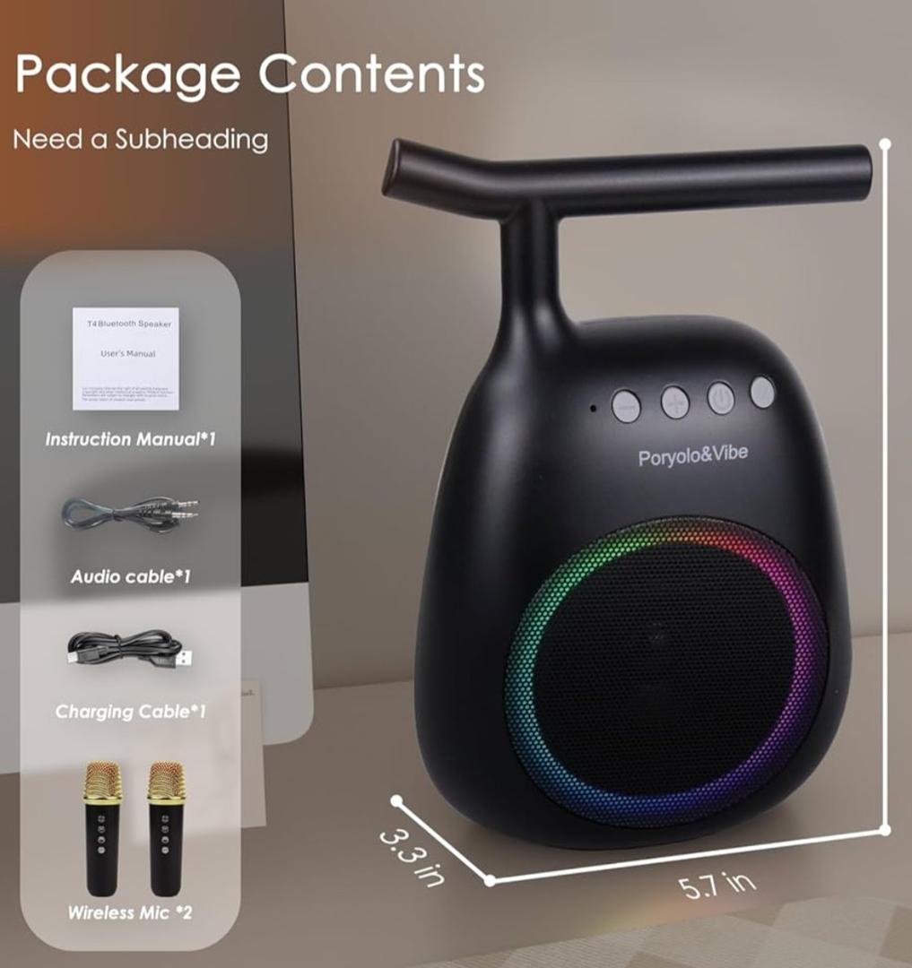 Karaoke Machine for kids Adults Portable Bluetooth Speaker with 2 Wireless Microphones LED lights Artistic Design 8-Hour Battery Support Family&party choice Fun for all ages Gifts