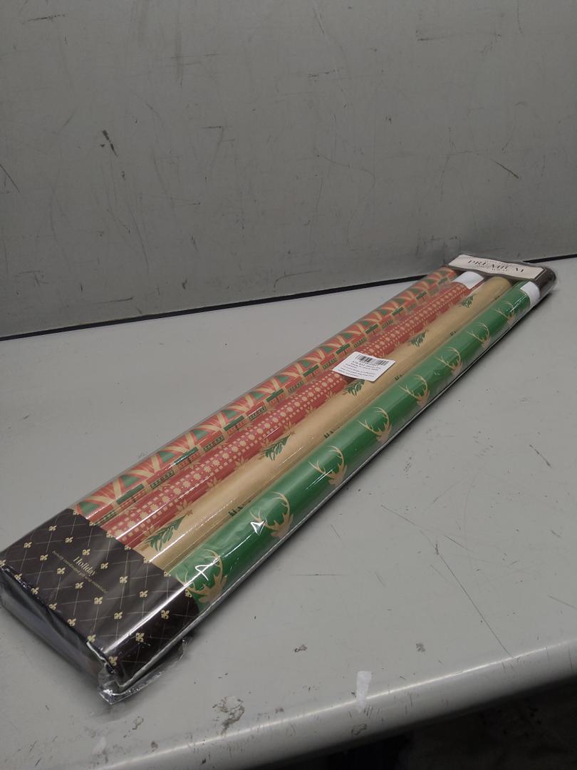LaRibbons Kraft Christmas Wrapping Paper Set, 30 Inch X 10 Feet (4 Rolls: 100 Sq. Ft. Ttl) Snowflake, Green Tree, Deer Antlers and Gift Box Shapes Design for Xmas, Party, Holiday, Celebration Natural Red Green