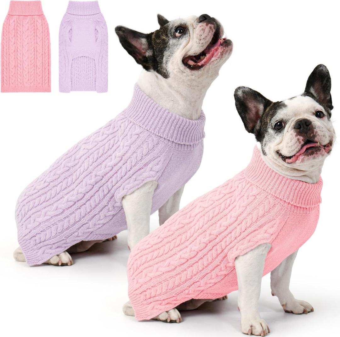 2 Pack Dog Sweaters for Medium Dogs Winter Turtleneck Pullover Cable Knit Fleece Stretch Frenchie Dachshund Pug Corgi Beagle Boy Girl Pet Clothes (M, Pink & Purple)