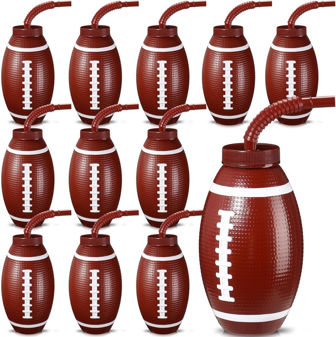 Sumind 12 Pcs Sport Ball Cups with Straws and Lids, 17 oz Plastic Cups Bulk for Kids Birthday Theme Party Sport Party Favors Supplies(Football)