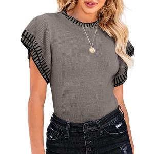 Saodimallsu Womens Short Sleeve Sweaters Tops Summer Ruffle Striped Loose Crew Neck Lightweight Soft Shirts Knit Sweater (X-Large, Grey)