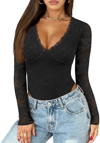 Saslax Women's Lace Bodysuit Sexy Deep V Neck Long Sleeve Body Suits Thong Slim Fit Double Lined Y2K Going Out Tops S