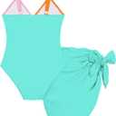 Funnycokid Girls One Piece Swimsuit Color Block Teen Bathing Suit with Pad Cover Up Skirt(7-16Y)