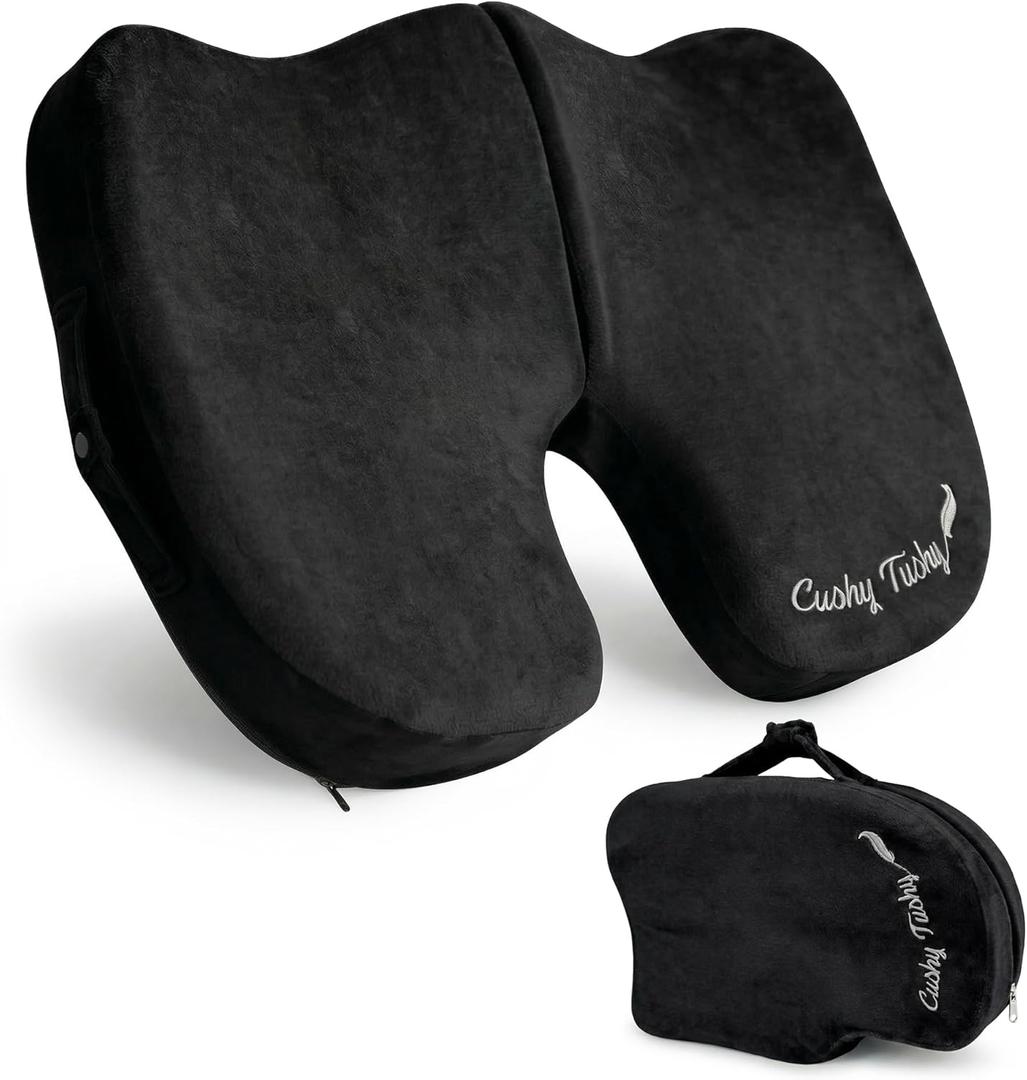 Cushy Tushy Premium Slim Foldable Travel Seat Cushion - for Relief of Lower Back, Sciatic, Butt and Tailbone Pain - for Home & Office Use, Perfect for Travel or Driving - Slim Coccyx Cushion - Black